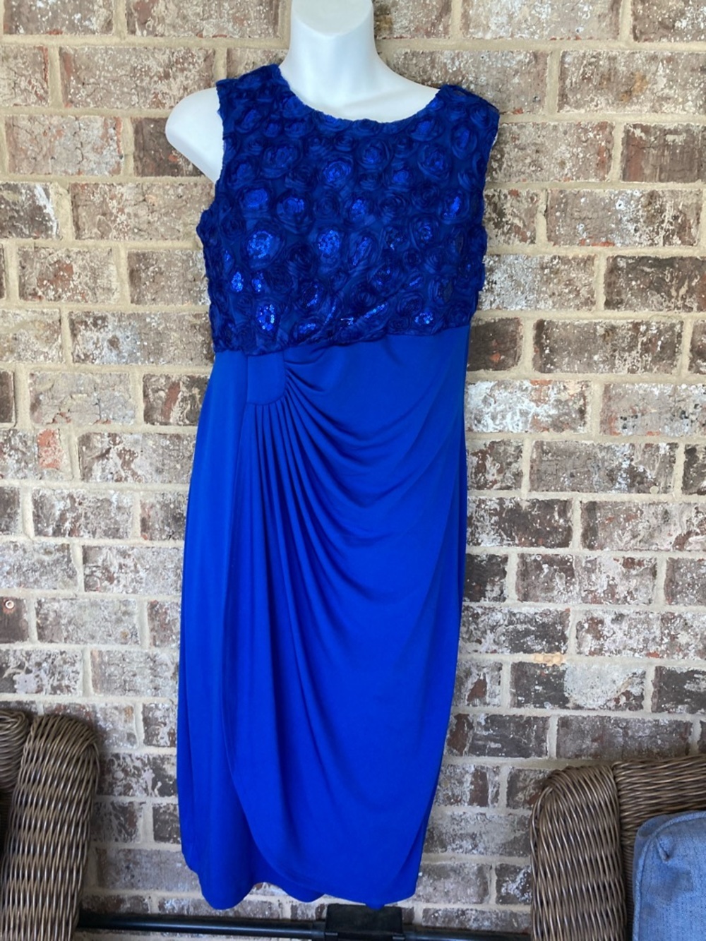 Elegant royal blue mother of the bride dress. Size 10 rouching cascade hem